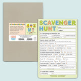 Front and back views of a colorful scavenger hunt pad for kids with interactive treasure hunt lists and stickers