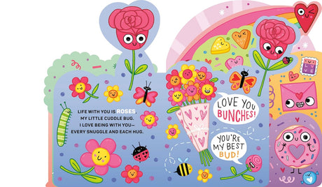 Colorful illustrated page from a picture book filled with cheerful flowers, hearts, and loving messages about friendship and hugs