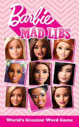 Cover of Mad Libs Barbie featuring diverse Barbie doll faces with pink chevron background and title text.