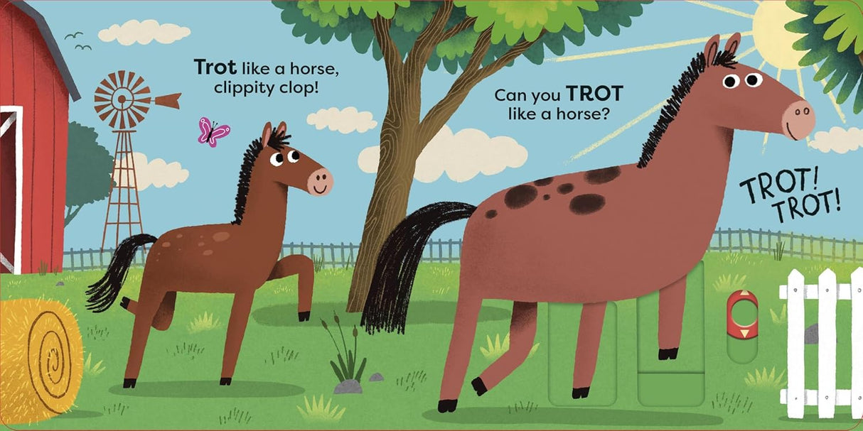 Animal Actions: Waddle Like a Duck! illustrated book page showing horses learning to trot on a farm