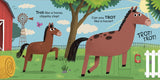 Animal Actions: Waddle Like a Duck! illustrated book page showing horses learning to trot on a farm
