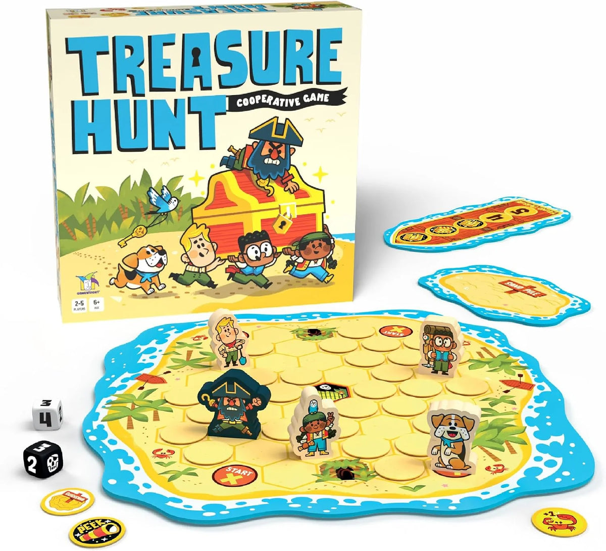 Treasure Hunt cooperative board game with illustrated pirate island game board cards tokens and dice