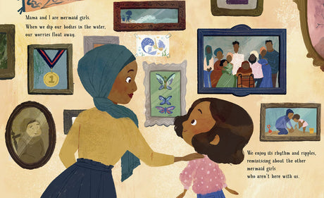 A mother and daughter sharing a moment surrounded by family photos in the book A Mermaid Girl.