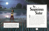 Illustrated Spooky Stories book page featuring The Suspicious Sister beside a moonlit river