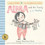 Alma and Her Family / y Su Familia board book cover showing Alma holding family photos on a string.