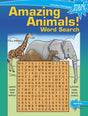 Colorful word search puzzle featuring animals like giraffe, elephant, camel, and buffalo with a friendly jungle background.