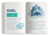Two page spread with information and illustrations of the South Side Sea Monster. Information includes a Factoid and Eyewitness Accounts. 