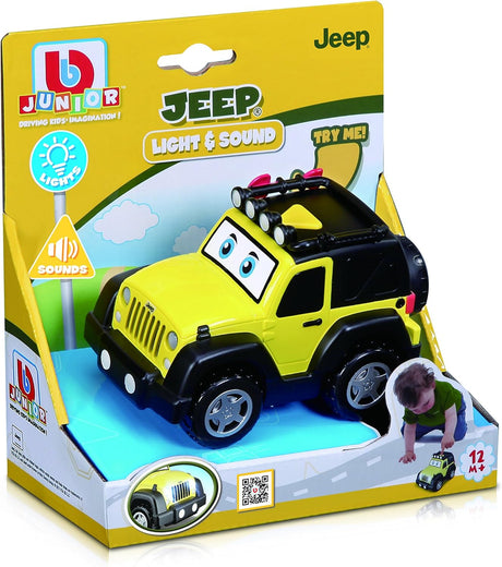 Yellow and black Jeep Wrangler toy with light and sound features for toddlers aged 1 and up in colorful packaging
