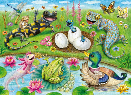 60pc Hello Hatchlings Puzzle showing colorful pond animals with hatchlings emerging from eggs in a vibrant outdoor scene.
