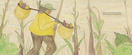 Illustration from What Do You Know? showing a person in yellow harvesting amidst tall plants in a poetic nature scene.