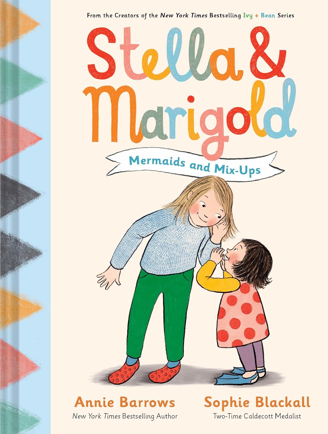 Cover of Stella and Marigold book showing two sisters sharing a secret with colorful title text and geometric spine design