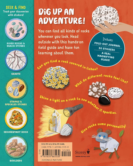 Backpack Explorer: Rock Hunt activity book cover showing rocks, magnifying glass, and scavenger hunt prompts for kids.