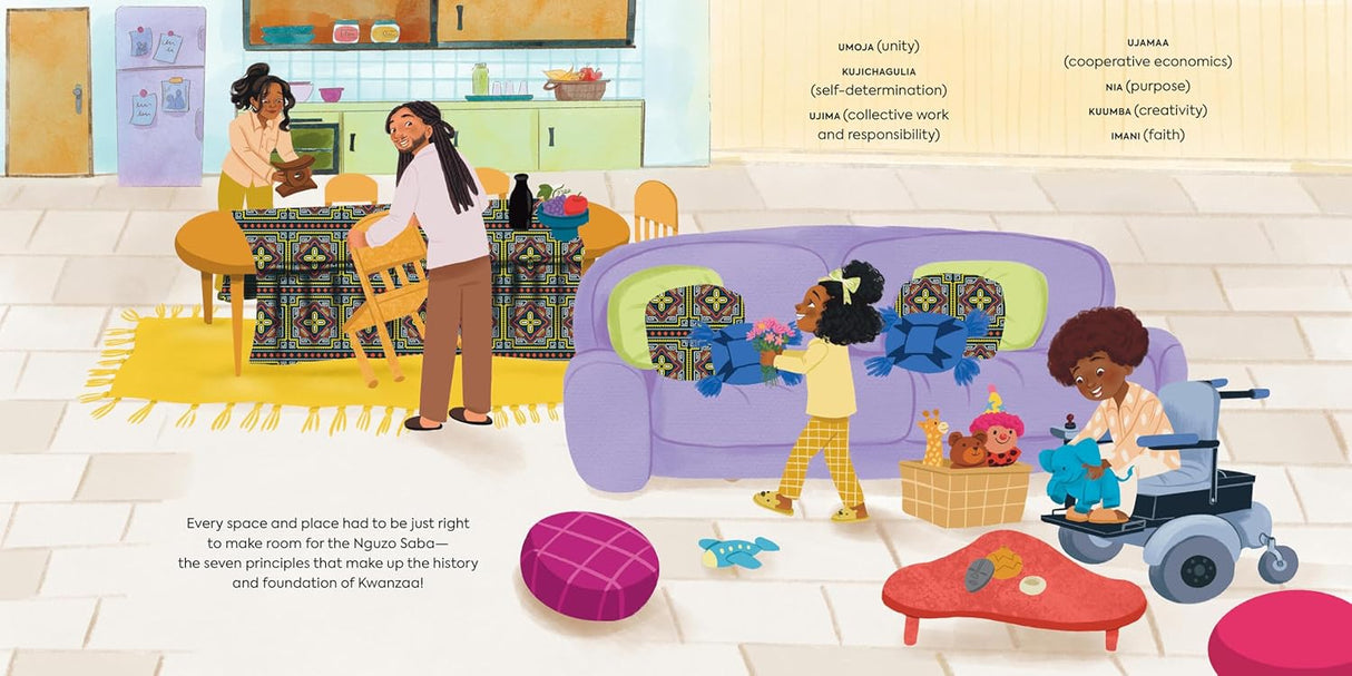 Illustration of a family celebrating Kwanzaa with colorful decorations and traditional items in a warm home setting