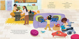 Illustration of a family celebrating Kwanzaa with colorful decorations and traditional items in a warm home setting
