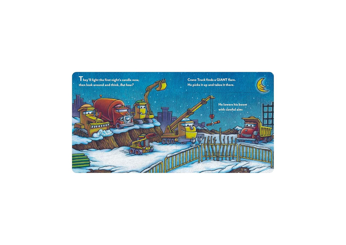 Illustration of construction vehicles lighting candles on a snowy construction site at night under a crescent moon