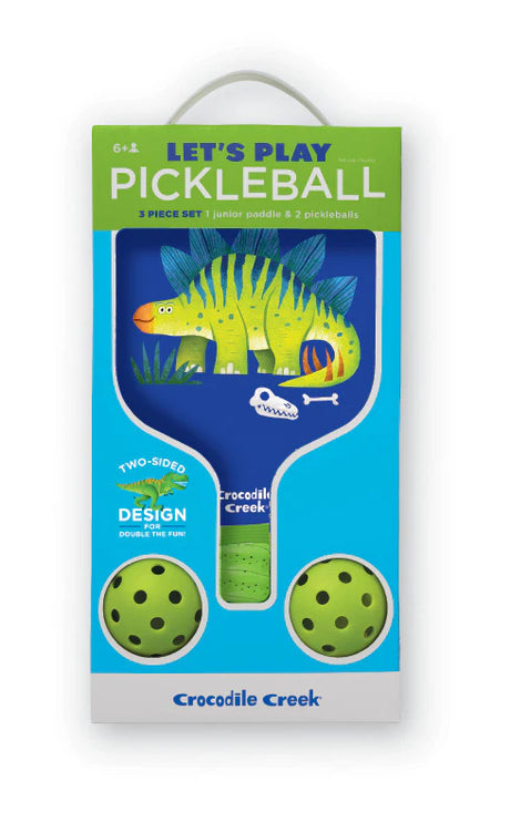 Pickleball | Dinosaur junior paddle set with colorful dinosaur design and two green outdoor pickleballs in packaging