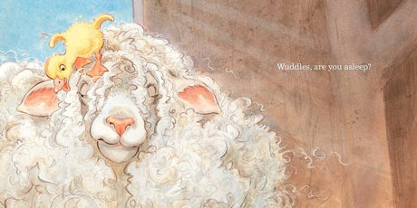 Don't Worry Wuddles showing a duckling perched on Wuddles the sheep’s woolly head in a snowy barnyard scene.