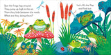 Colorful illustration of frogs in a pond with pop-up elements showing their lifecycle and natural habitat interactions