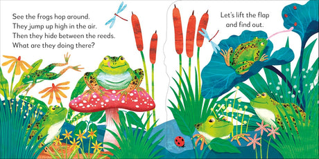 Colorful illustration of frogs in a pond with pop-up elements showing their lifecycle and natural habitat interactions