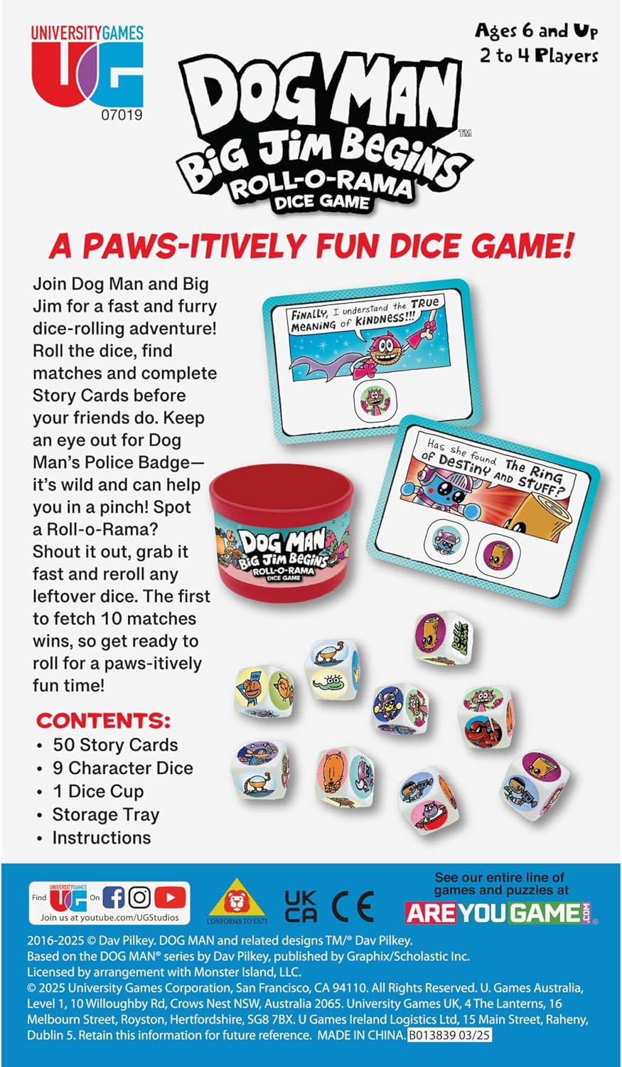 Dog Man Big Jim Begins Dice Game with colorful character dice cards and storage tray packaging