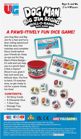Dog Man Big Jim Begins Dice Game with colorful character dice cards and storage tray packaging