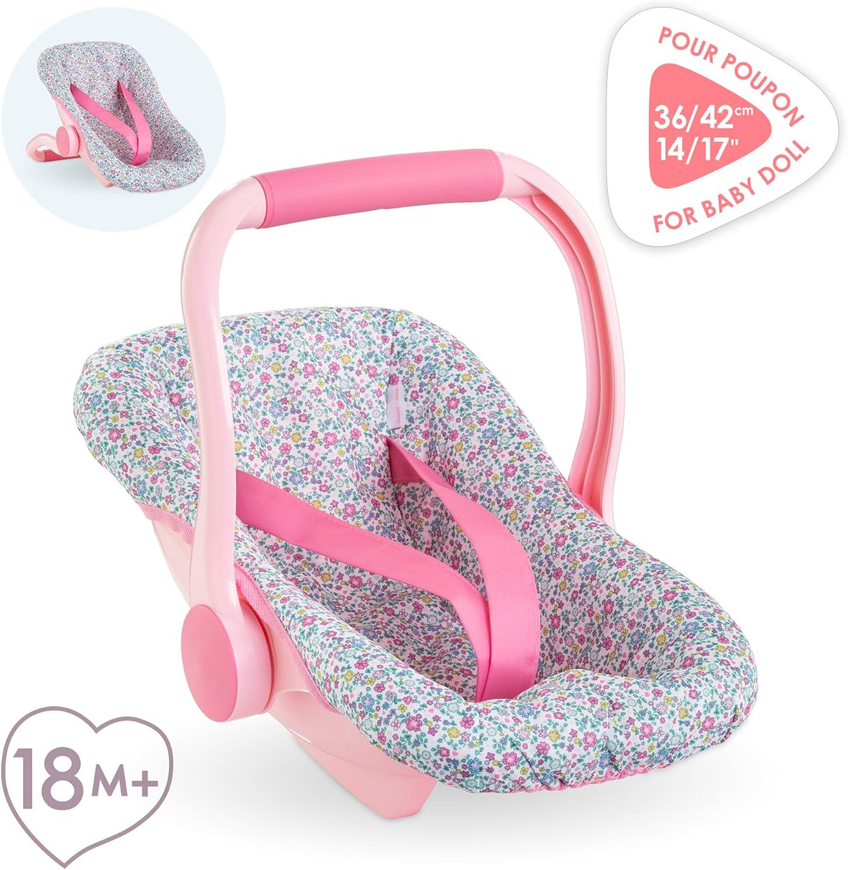 Floral patterned car seat carrier with pink handle and straps designed for safe doll transportation and imaginative play.