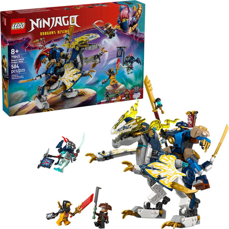 LEGO NINJAGO mech dragon rider set with posable dragon, warrior figure, and four minifigures for action play