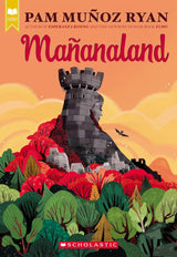 Mañanaland book cover with a stone tower shaped like a face above colorful forest under a warm sky.