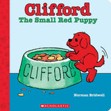 Illustration of a small red puppy jumping beside a green dog bowl filled with food labeled Clifford