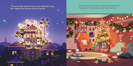 Illustration of a festive home decorated with lights and a cozy living room with Christmas tree and stockings.