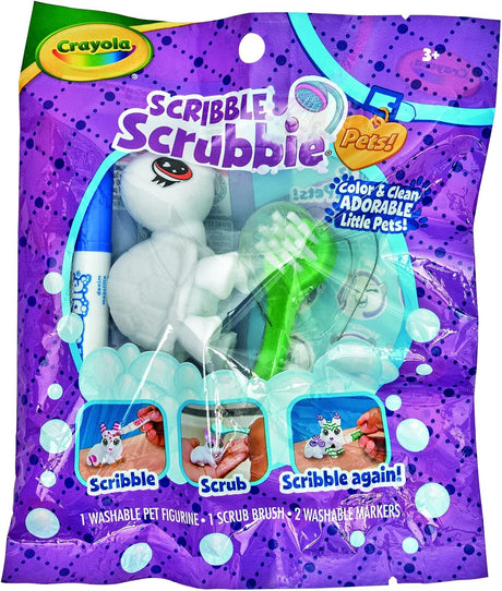 Scribble Scrubbie Pet with washable figurine, scrub brush, and two markers for coloring and re-coloring fun.