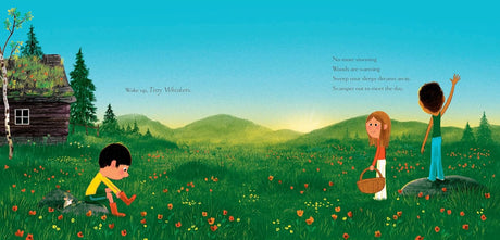 Wake Up, Woodlands showing children in a blooming meadow greeting the morning with vibrant spring colors.