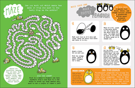 Kids Unplugged Animal Adventures activity book showing a maze puzzle and step-by-step Rock Hopper Penguin craft instructions.