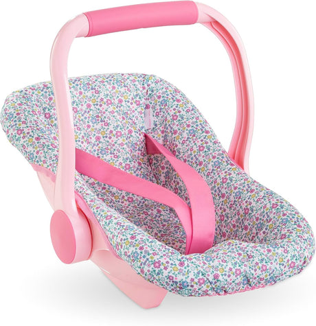 Pink floral patterned doll car seat carrier with secure straps and comfortable handle for imaginative play.