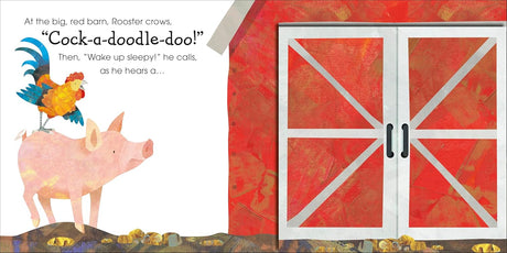 Illustration of a rooster crowing on a pig beside a red barn door in a children’s farm book scene
