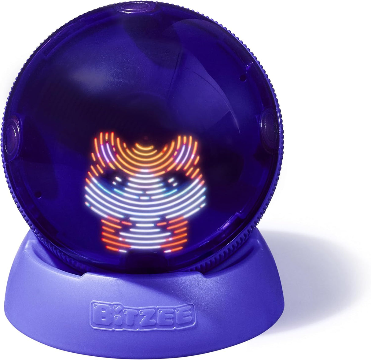 Interactive Bitzee hamster toy inside a glowing purple hamster ball with a matching stand on a white background