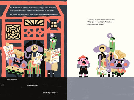 Illustration from Spider in the Well showing upset townspeople holding broken well news in a cheeky children’s picture book style.