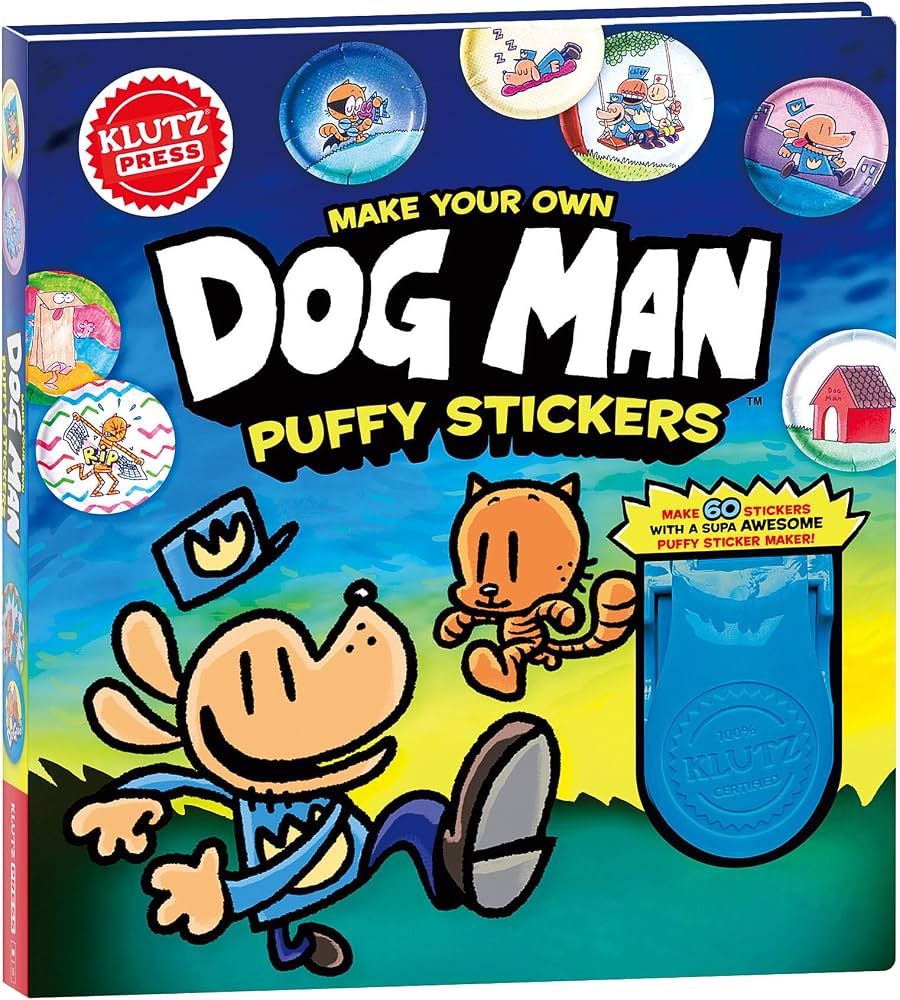 Make Your Own Dog Man Puffy Stickers book cover featuring Dog Man and a sticker making kit