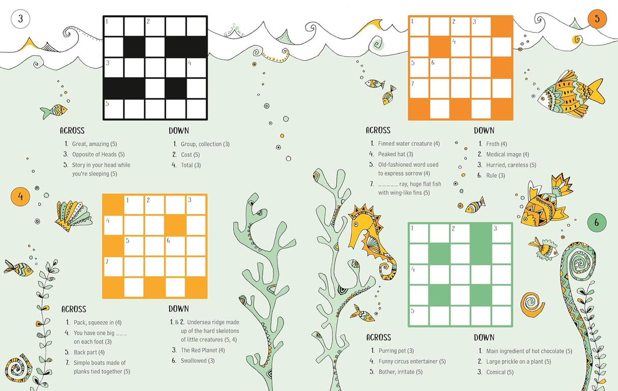 100 Children's Crosswords | General Knowledge puzzle page with colorful ocean themed crossword grids