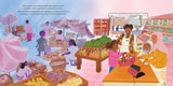Illustration of a vibrant market scene with diverse people shopping and selling fresh produce during Kwanzaa celebration.