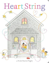 Illustration of a gray house with colorful heart-shaped strings connecting family and neighbors warmly together