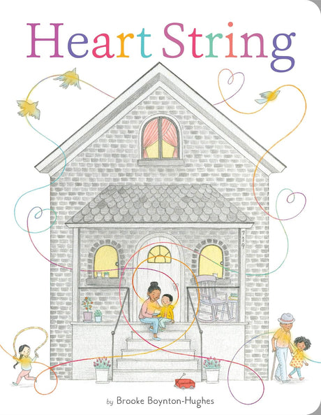 Illustration of a gray house with colorful heart-shaped strings connecting family and neighbors warmly together