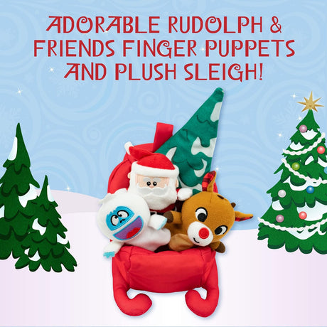 Rudolph | Plush Playset featuring soft finger puppets of Rudolph, Santa, Abominable Snowman, Christmas tree, and plush sleigh.