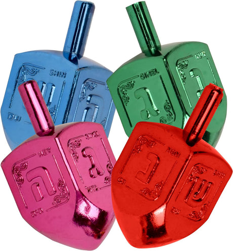 Dreidel | Metallic Plastic in red, blue, green, and pink with traditional Hebrew letters for Chanukah play.