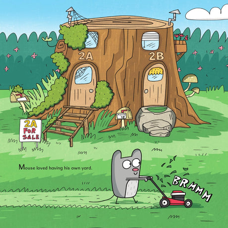 Illustration from Shared Space showing Mouse mowing lawn in front of tree stump house with doors 2A and 2B.