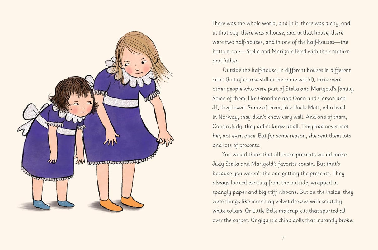 Illustration of two young sisters, one with dark hair and one with blonde hair, standing close and holding hands in a storybook.