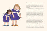 Illustration of two young sisters, one with dark hair and one with blonde hair, standing close and holding hands in a storybook.