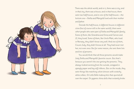 Illustration of two young sisters, one with dark hair and one with blonde hair, standing close and holding hands in a storybook.