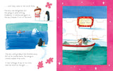 Illustration from Lost and Found Jigsaw Book showing a boy and penguin by the sea and South Pole sign on a boat puzzle