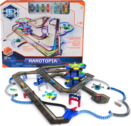 Hex Bots Nanotopia Playset with snap-together tracks, obstacles, and 7 colorful nano robots for interactive fun.